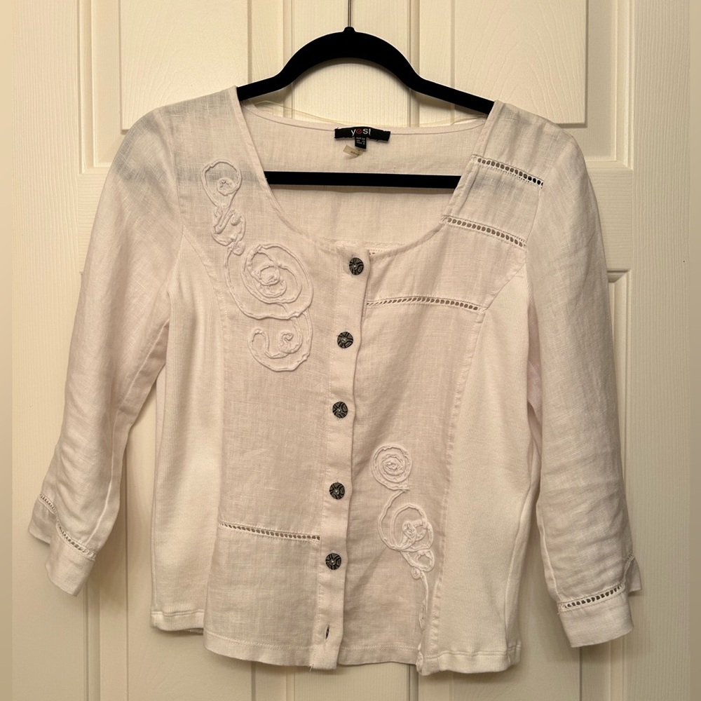 White Button-Up Linen Blouse with Embroidery